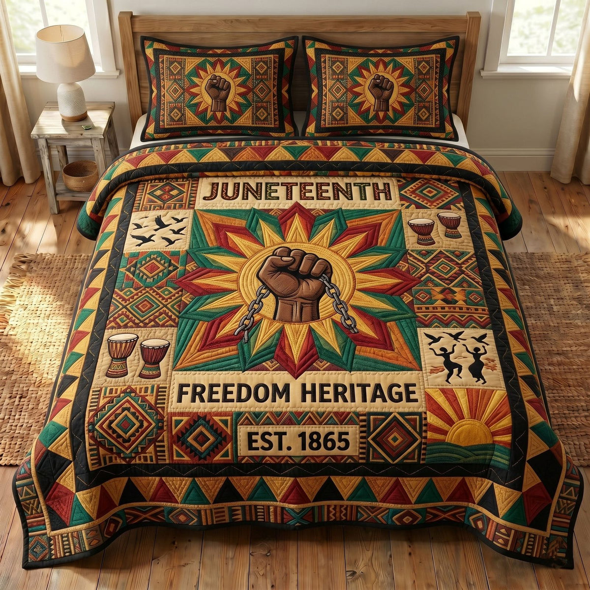 Juneteenth Soul quilted 3-piece bedding set on a made bed in a warmly lit bedroom