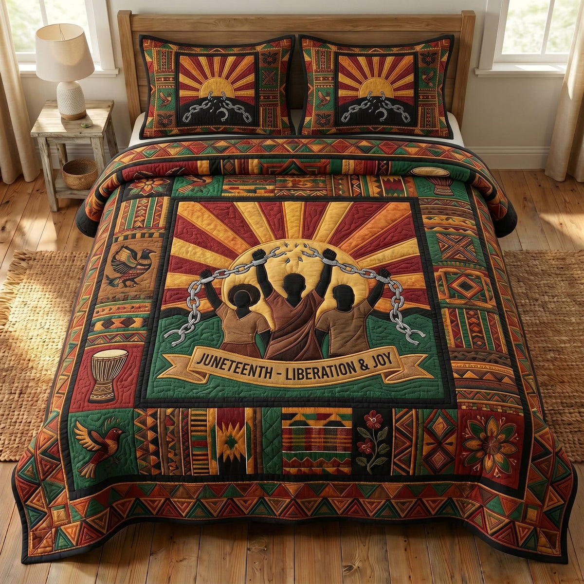 Juneteenth Soul quilted 3-piece bedding set on a made bed in a warmly lit bedroom