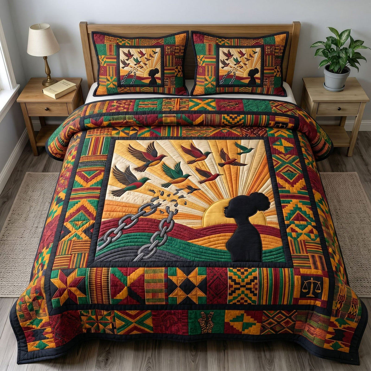 Juneteenth Soul quilted 3-piece bedding set on a made bed in a warmly lit bedroom