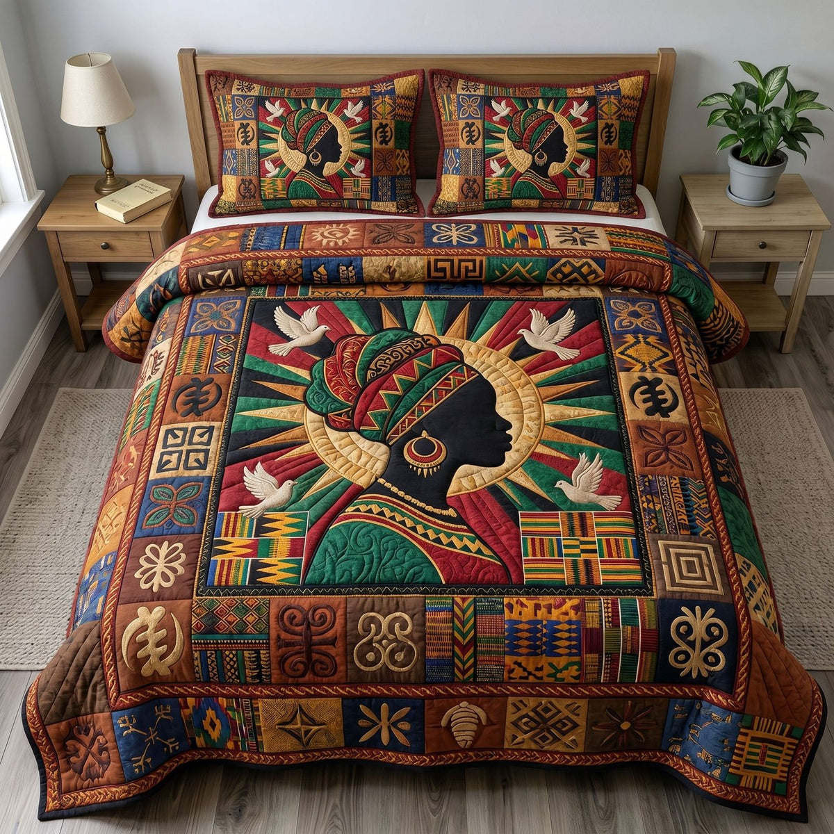 Juneteenth Soul quilted 3-piece bedding set on a made bed in a warmly lit bedroom