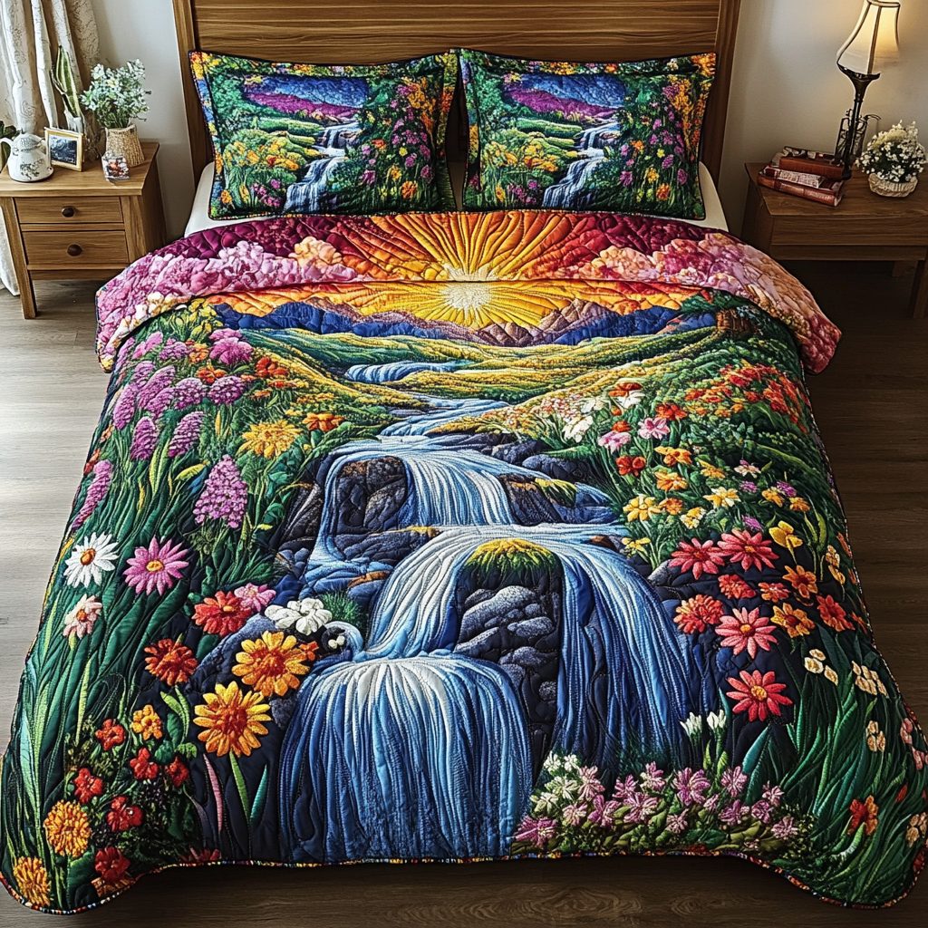 Jungle Dream quilted 3-piece bedding set on a made bed with two matching pillow shams