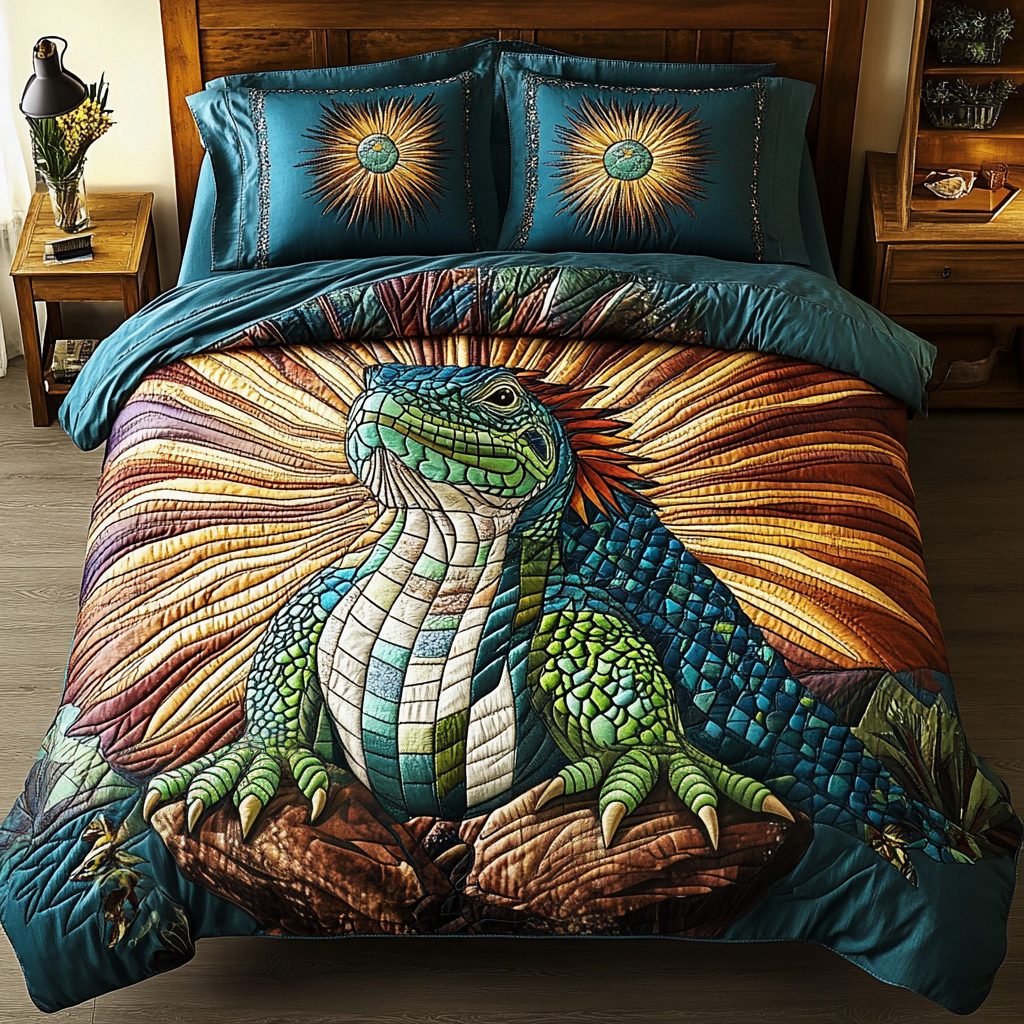 Jungle Drifter quilted 3-piece bedding set on a made bed with two matching pillow shams