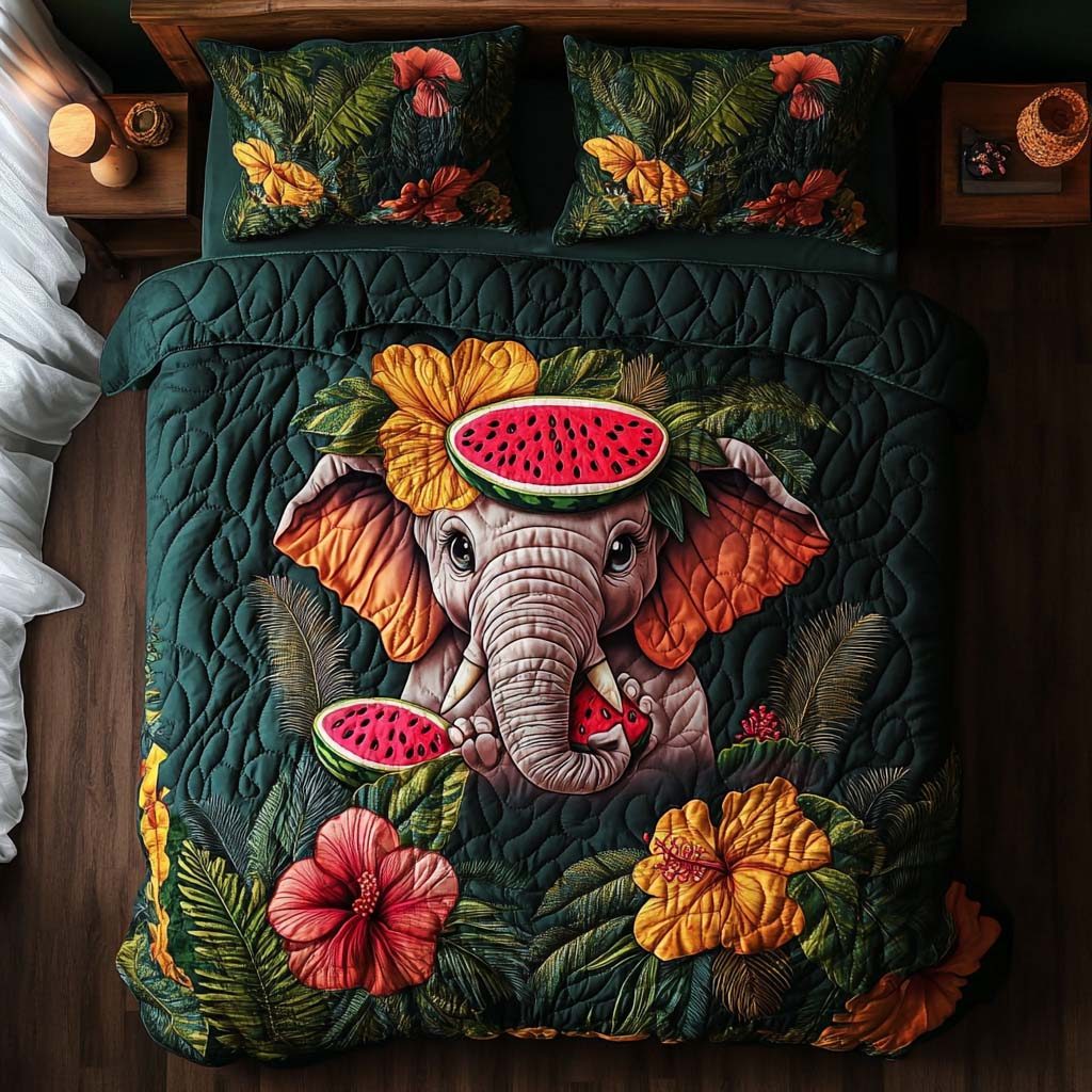 Jungle Elephant Dance quilted 3-piece bedding set on a made bed with two matching pillow shams