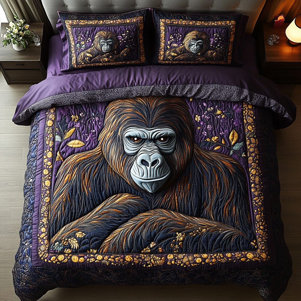 Jungle Gorilla quilted 3-piece bedding set on a made bed with two matching pillow shams