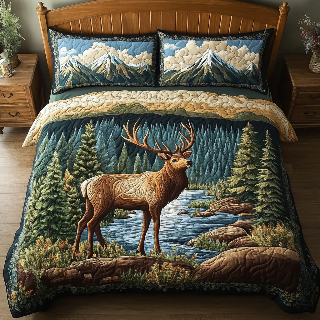 Jungle Peace quilted 3-piece bedding set on a made bed with two matching pillow shams