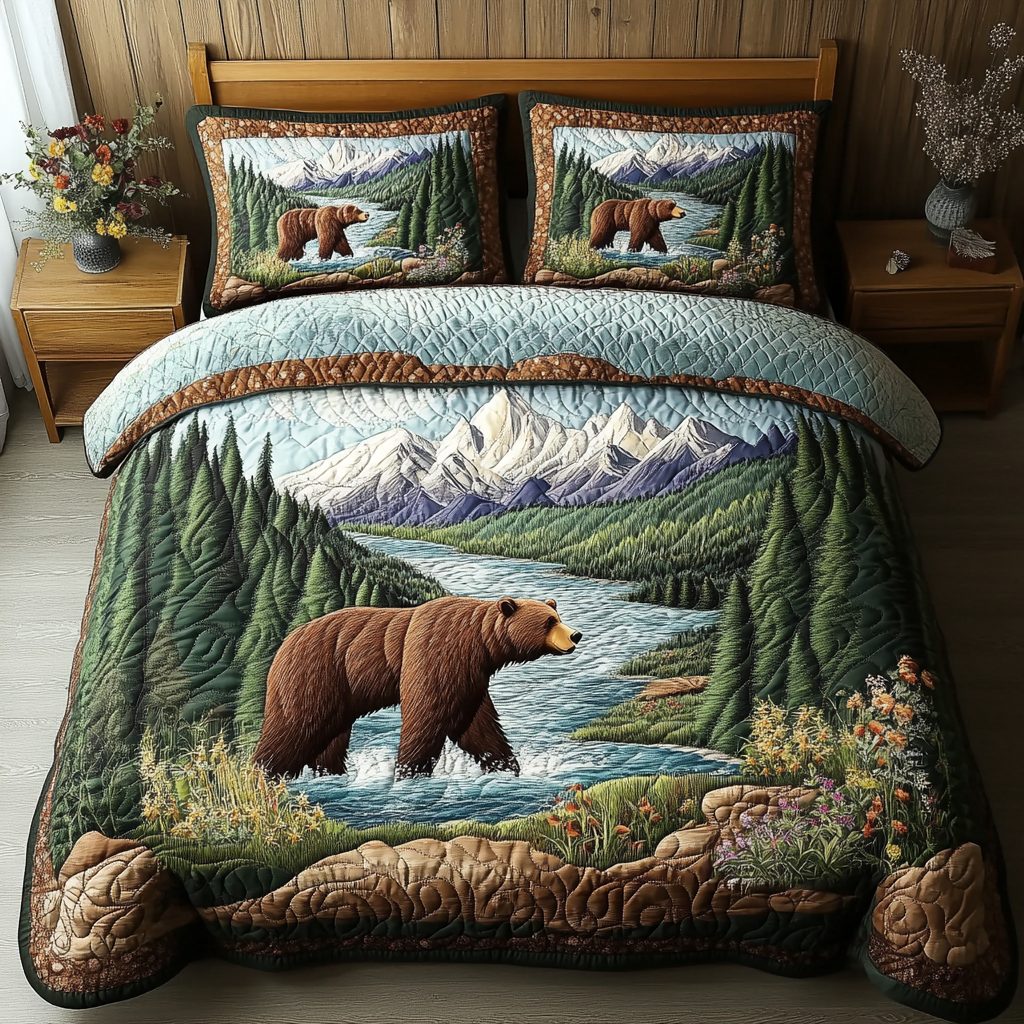 Jungle Trail quilted 3-piece bedding set on a made bed with two matching pillow shams