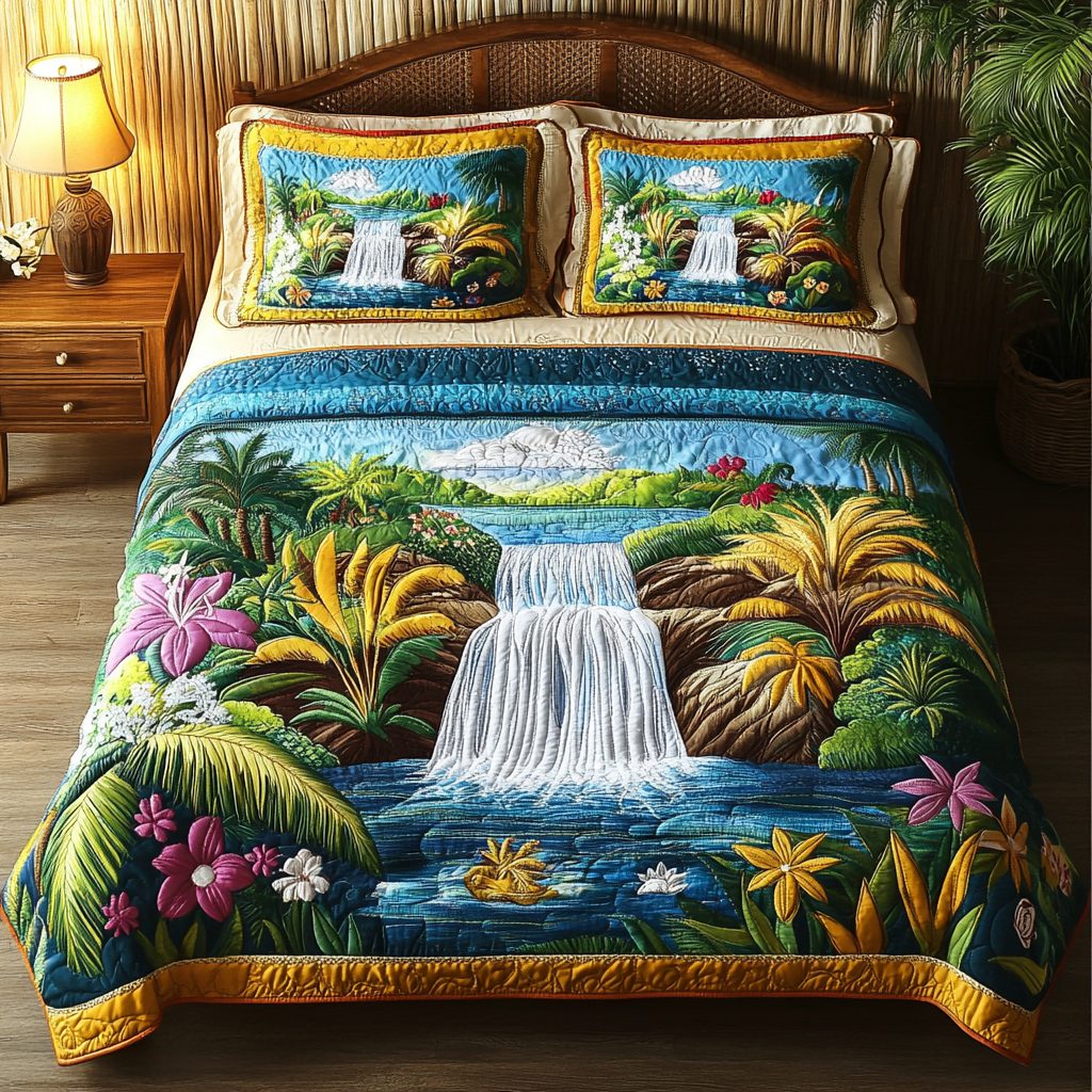 Jungle Tranquil quilted 3-piece bedding set on a made bed with two matching pillow shams
