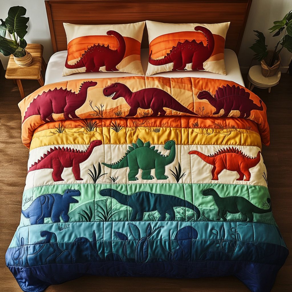 Jurassic Fun quilted 3-piece bedding set on a made bed with two matching pillow shams