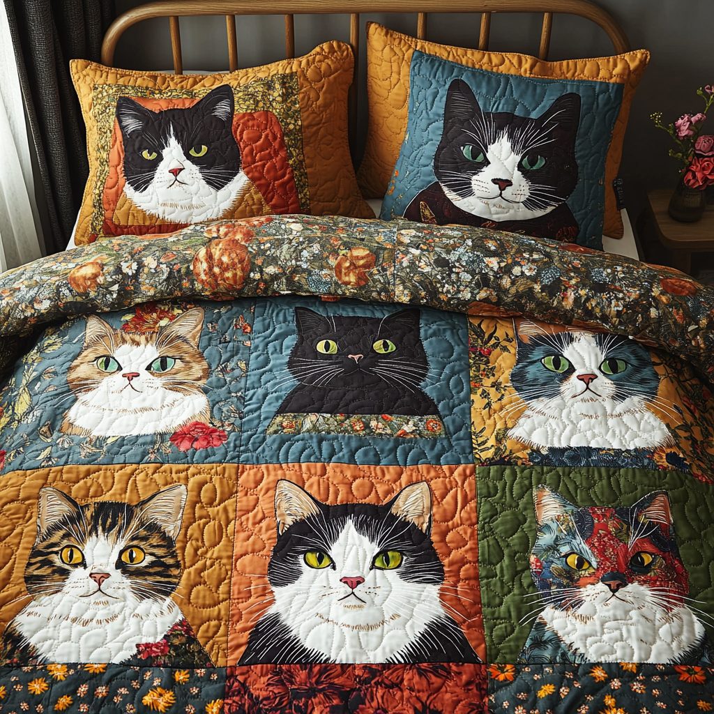 KaleidoCats quilted 3-piece bedding set on a made bed with two matching pillow shams