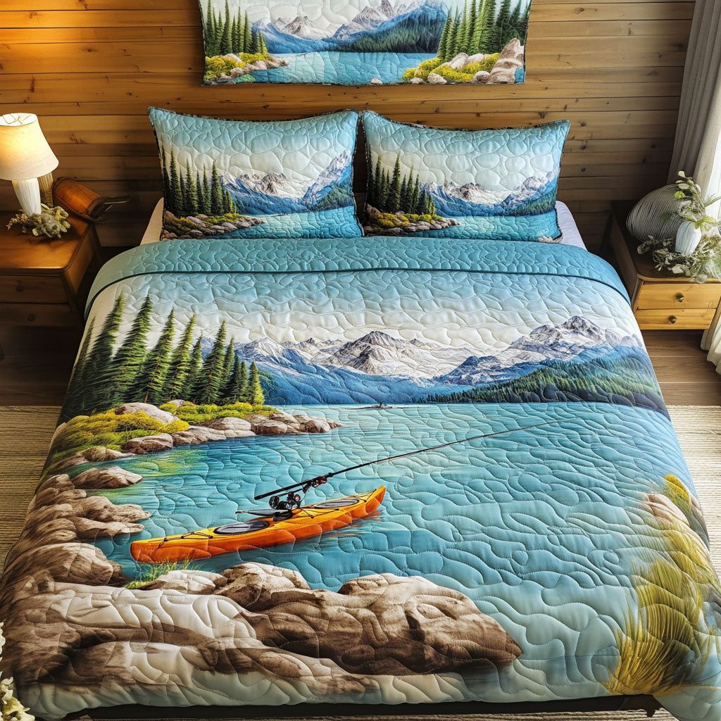 Kayak Dreams quilted 3-piece bedding set on a made bed with two matching pillow shams