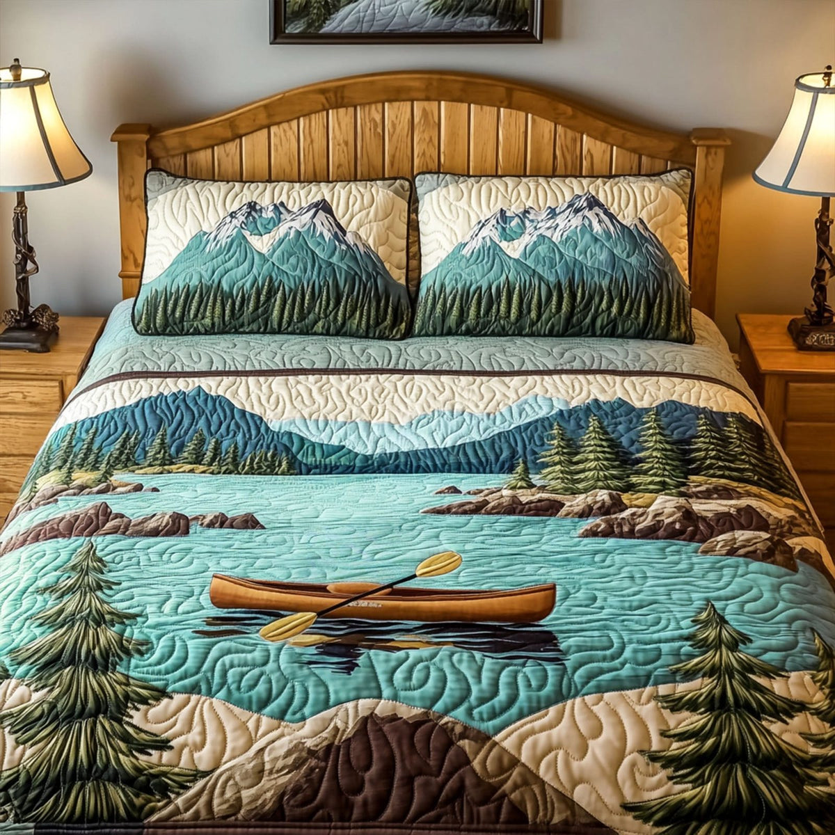 Kayak Horizon quilted 3-piece bedding set on a made bed with two matching pillow shams