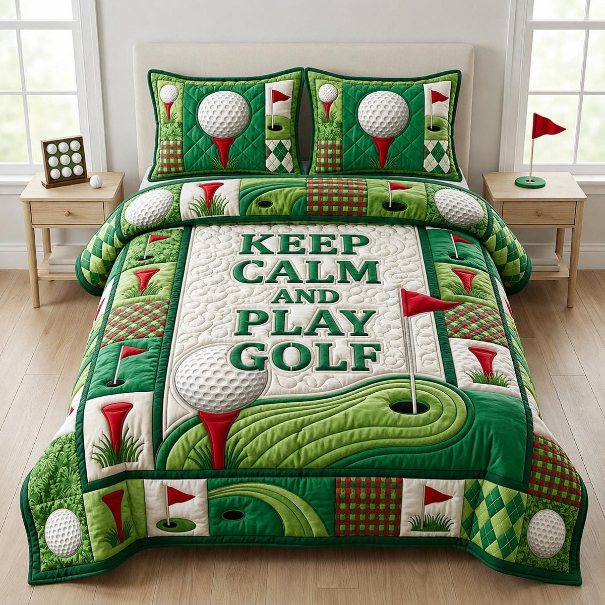 Keep Calm And Play Golf quilted 3-piece bedding set on a made bed with two matching pillow shams