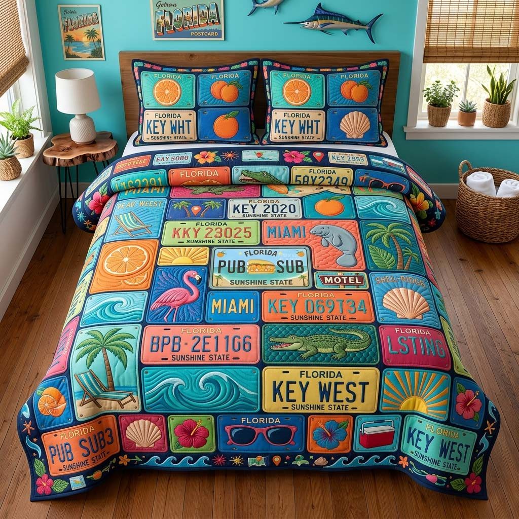 Key West Plates quilted 3-piece bedding set on a made bed with two matching pillow shams