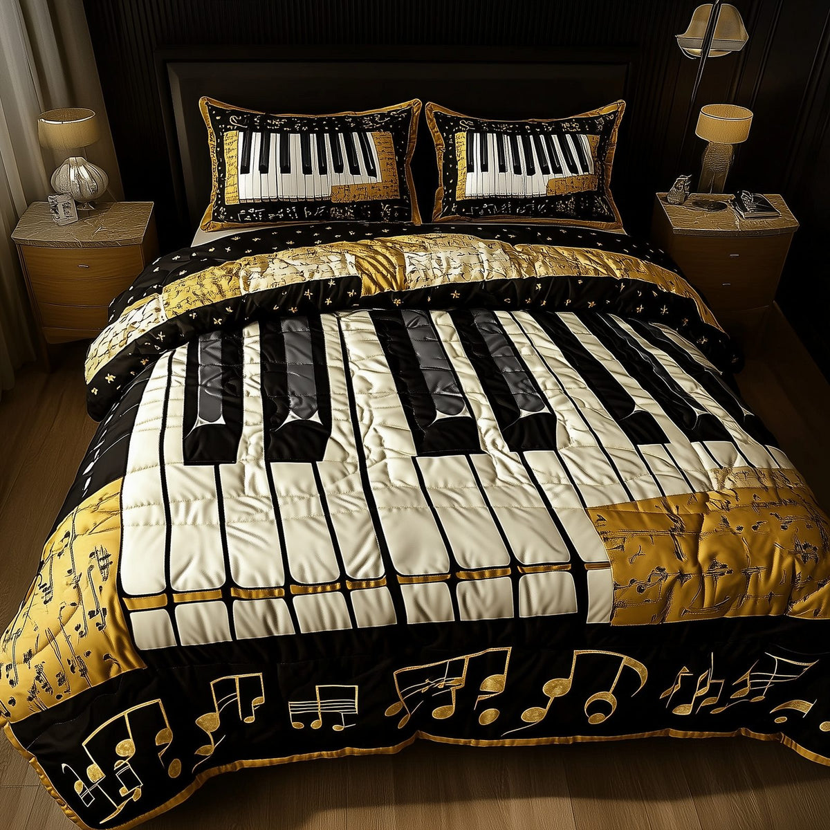Keyboard quilted 3-piece bedding set on a made bed with two matching pillow shams