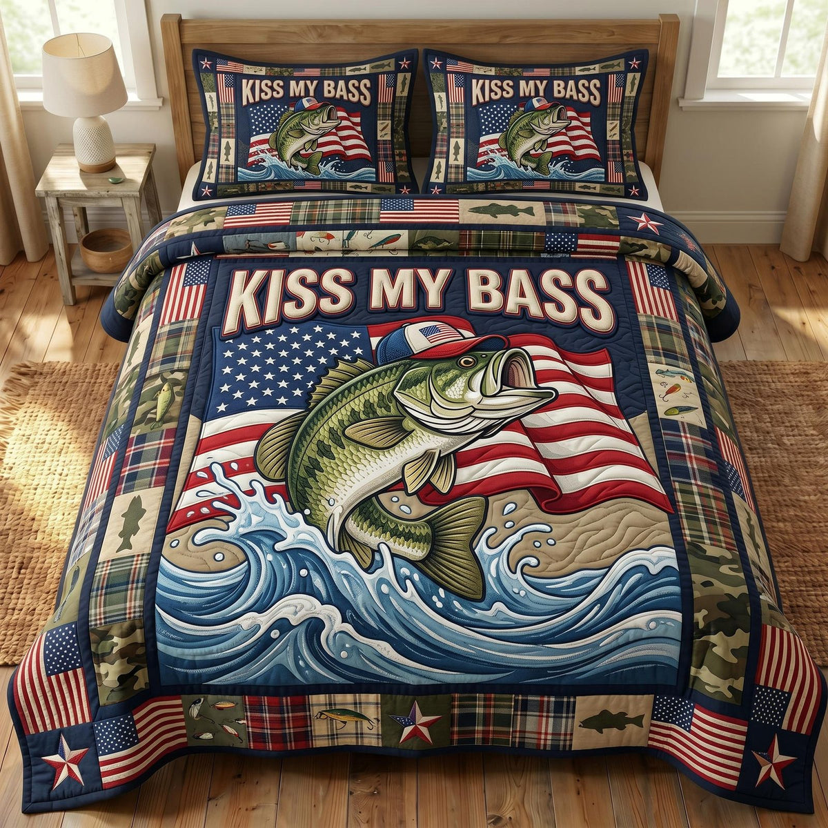 Kiss My Bass quilted 3-piece bedding set on a made bed with two matching pillow shams
