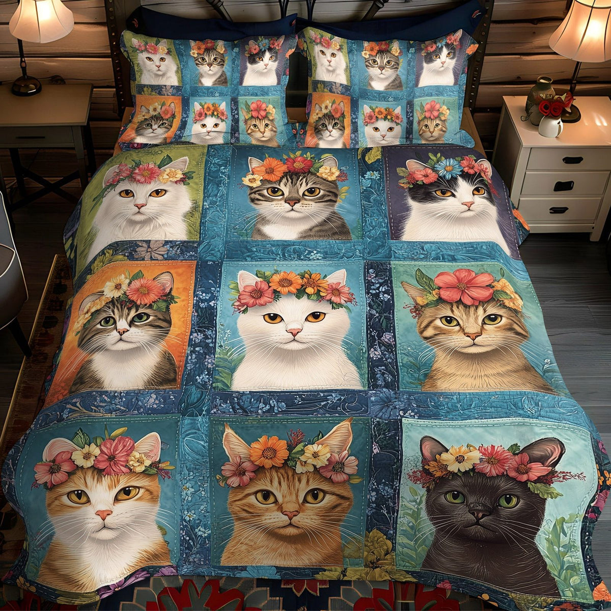 Kittens in Bloom quilted 3-piece bedding set on a made bed with two matching pillow shams