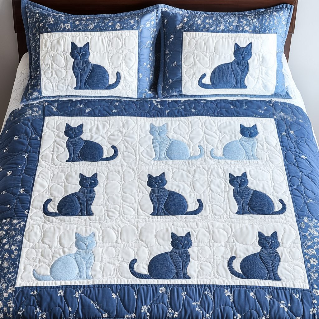 Kitty Cuddle quilted 3-piece bedding set on a made bed with two matching pillow shams