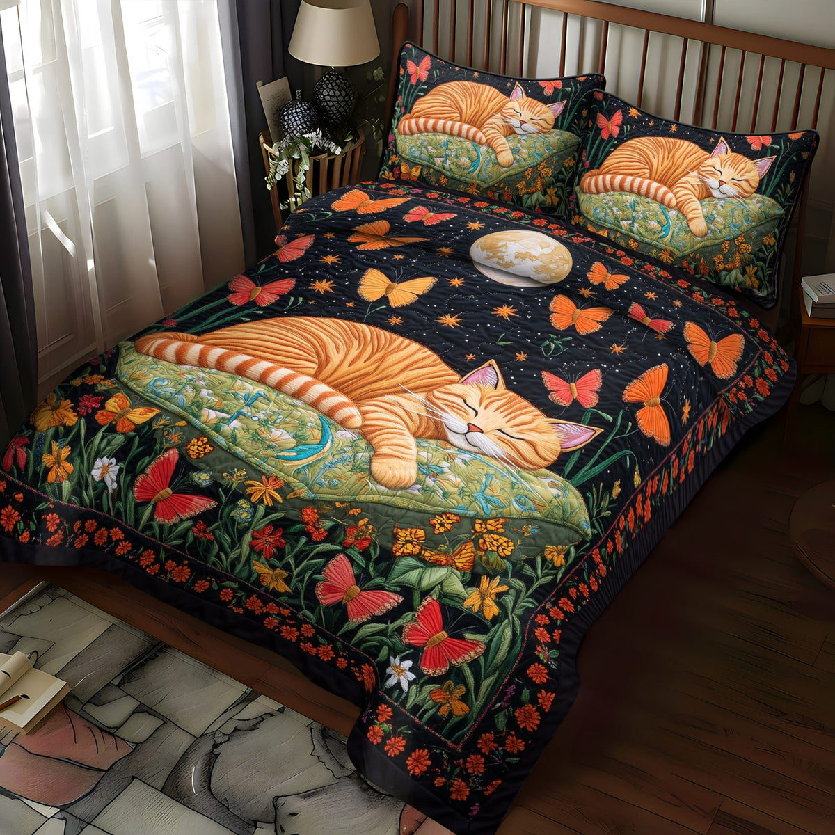 Kitty Dreams quilted 3-piece bedding set on a made bed with two matching pillow shams