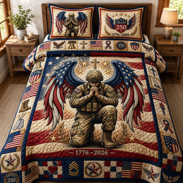 Kneeling Soldier quilted 3-piece bedding set on a made bed in a warmly lit bedroom