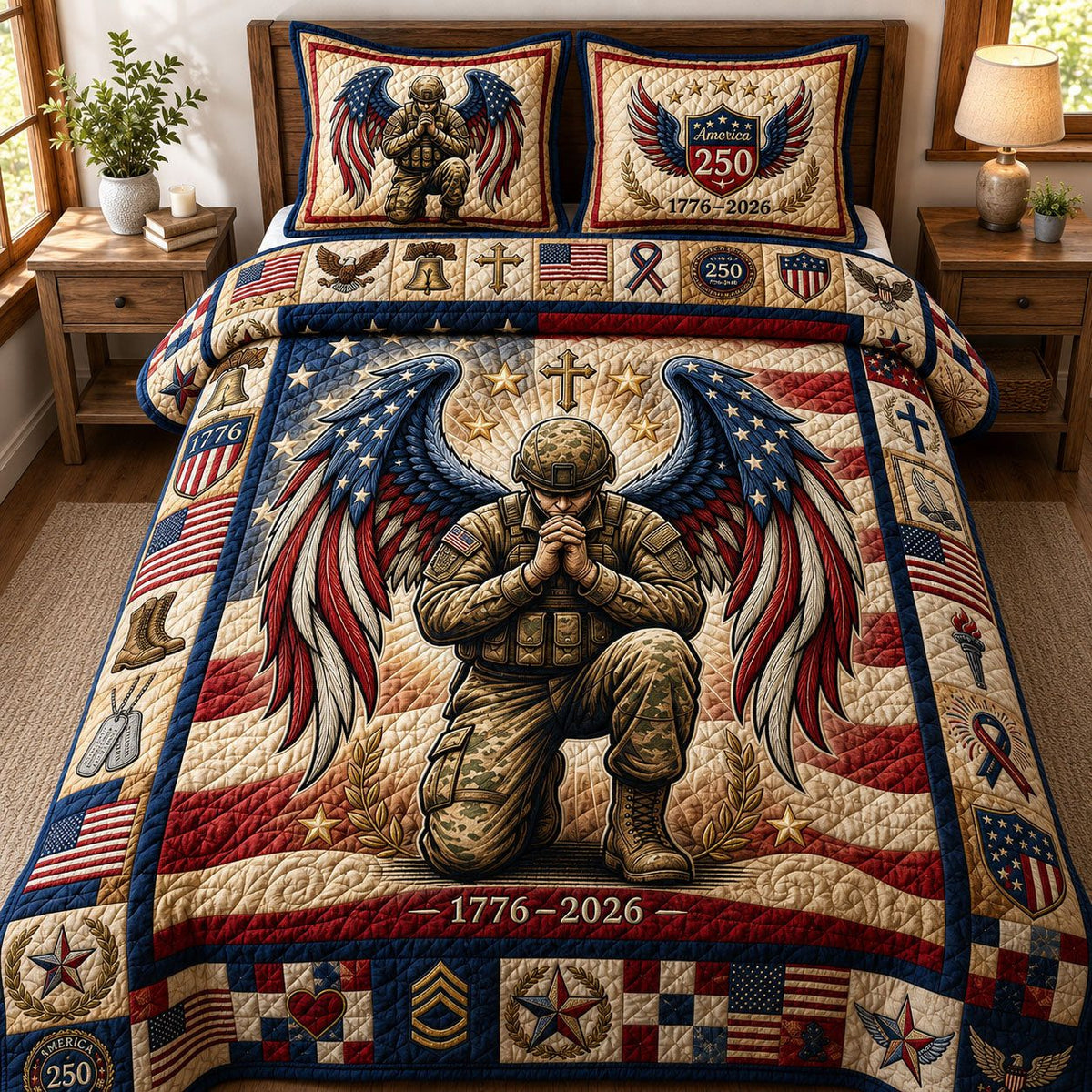 Kneeling Soldier quilted 3-piece bedding set on a made bed in a warmly lit bedroom