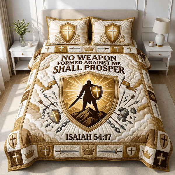 Knight God Isaiah 54 17 quilted 3-piece bedding set on a made bed in a softly lit bedroom