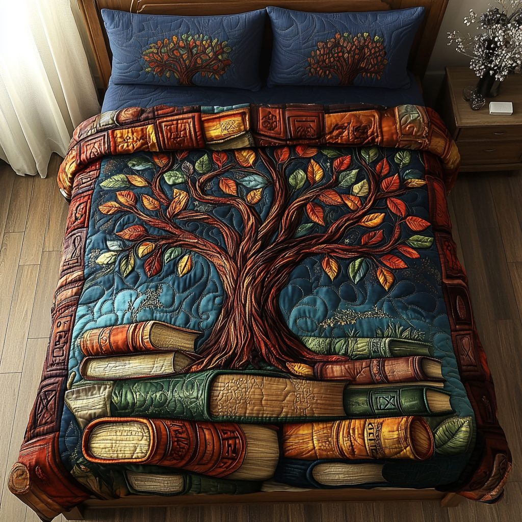 Knowledge Nest quilted 3-piece bedding set on a made bed with two matching pillow shams