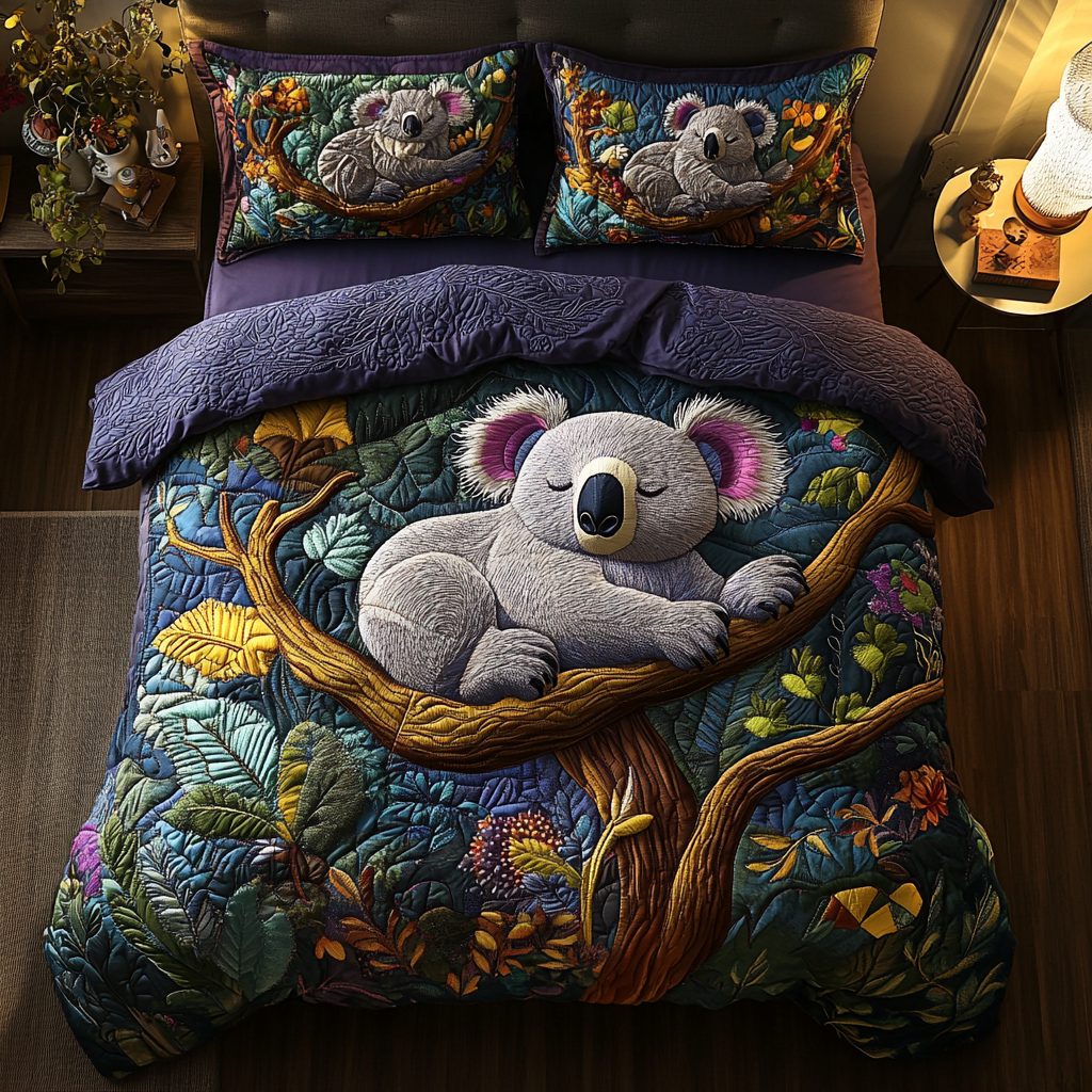 Koala Forest quilted 3-piece bedding set on a made bed with two matching pillow shams