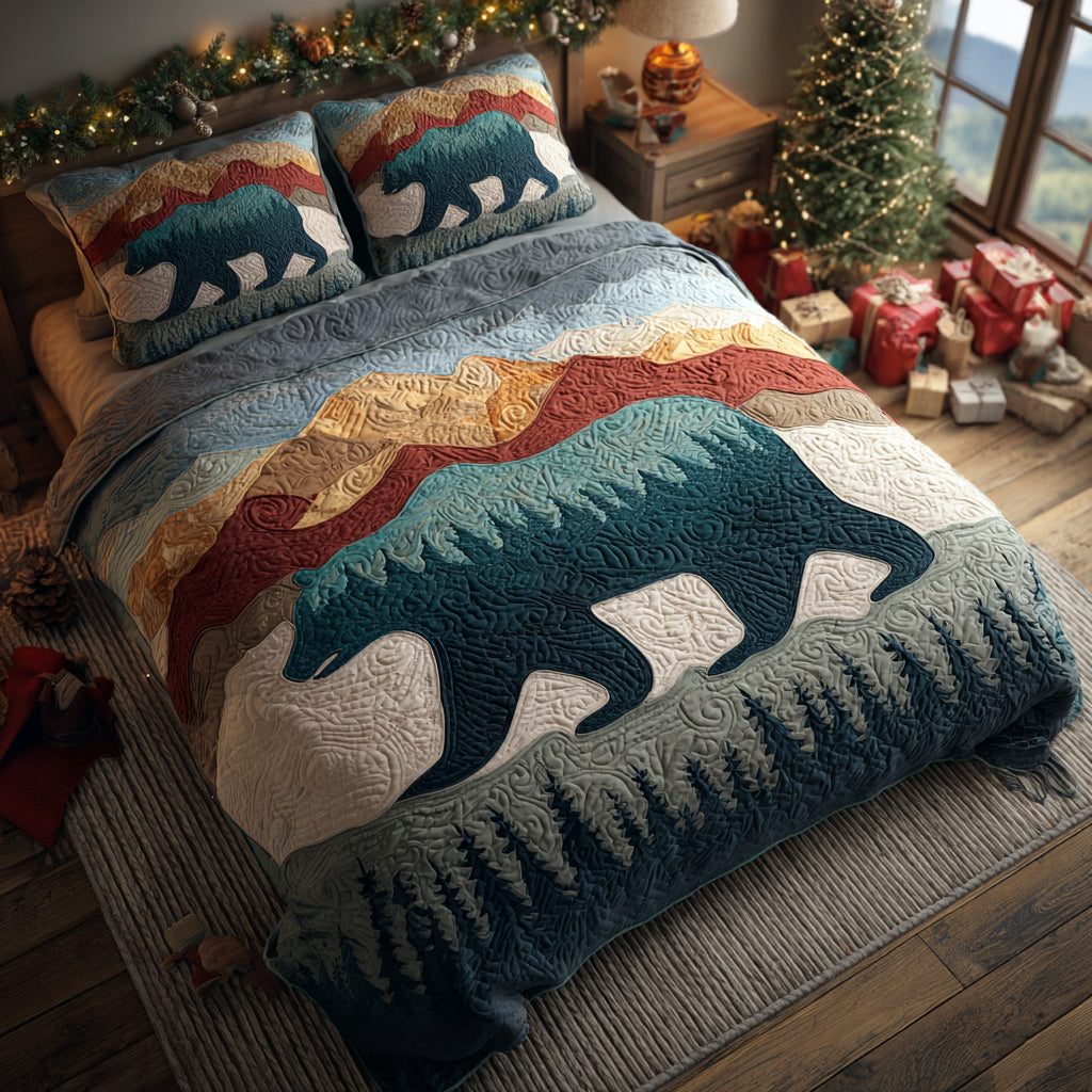 Kodiak Bear Walk quilted 3-piece bedding set on a made bed with two matching pillow shams