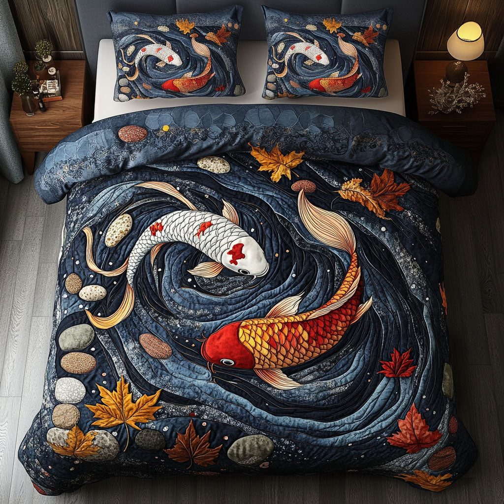 Koi Dance quilted 3-piece bedding set on a made bed with two matching pillow shams