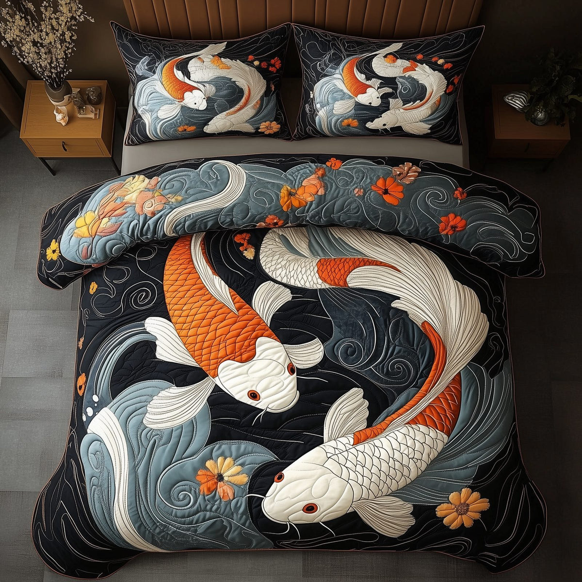 Koi Harmony quilted 3-piece bedding set on a made bed with two matching pillow shams