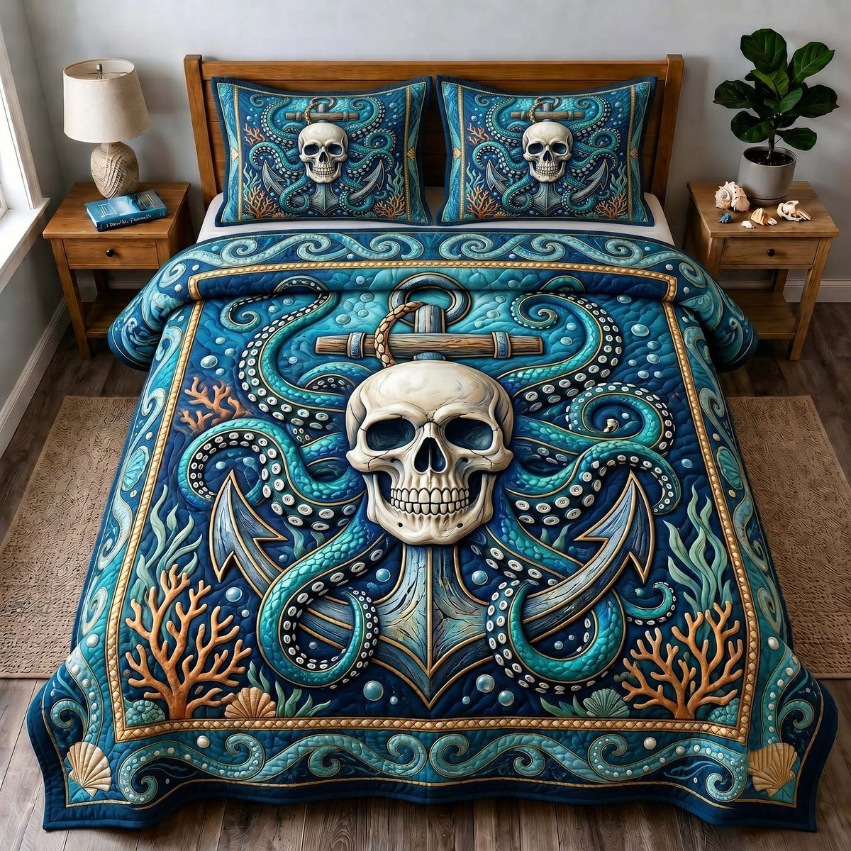 Kraken Anchor quilted 3-piece bedding set on a made bed in a light coastal bedroom