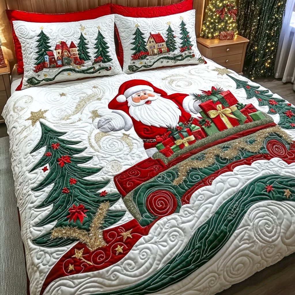 Kris Kringle Express quilted 3-piece bedding set on a made bed with two matching pillow shams