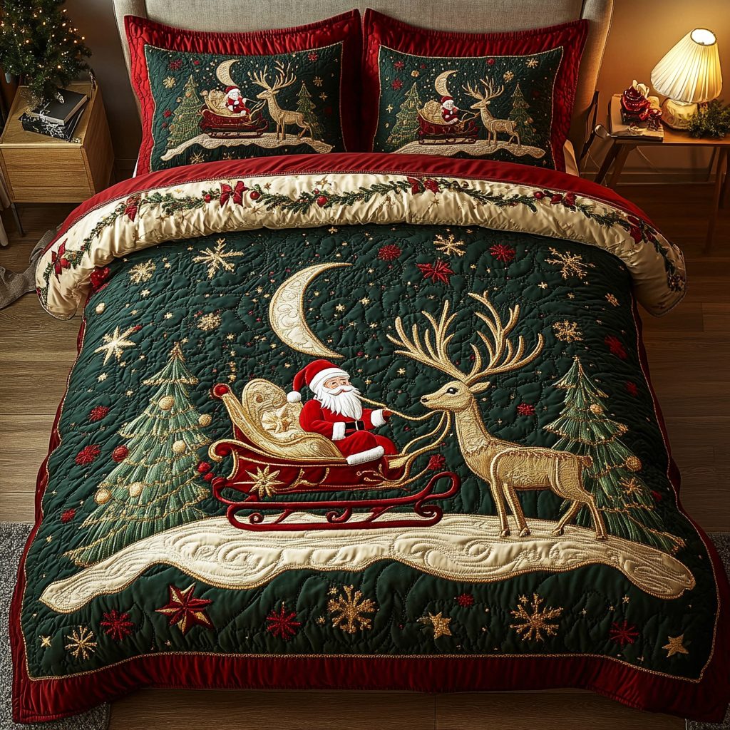 Kris Kringle Magic quilted 3-piece bedding set on a made bed with two matching pillow shams