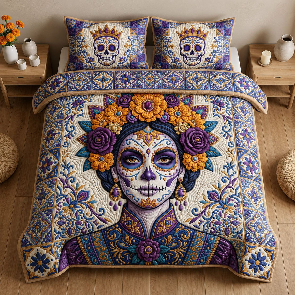 La Catrina quilted 3-piece bedding set on a made bed with two matching pillow shams