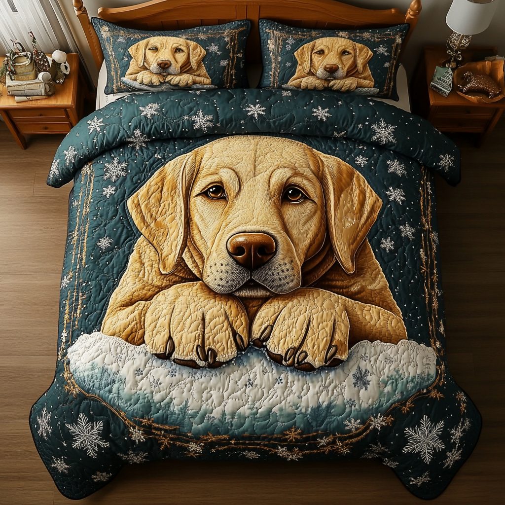Labrador Nap quilted 3-piece bedding set on a made bed with two matching pillow shams