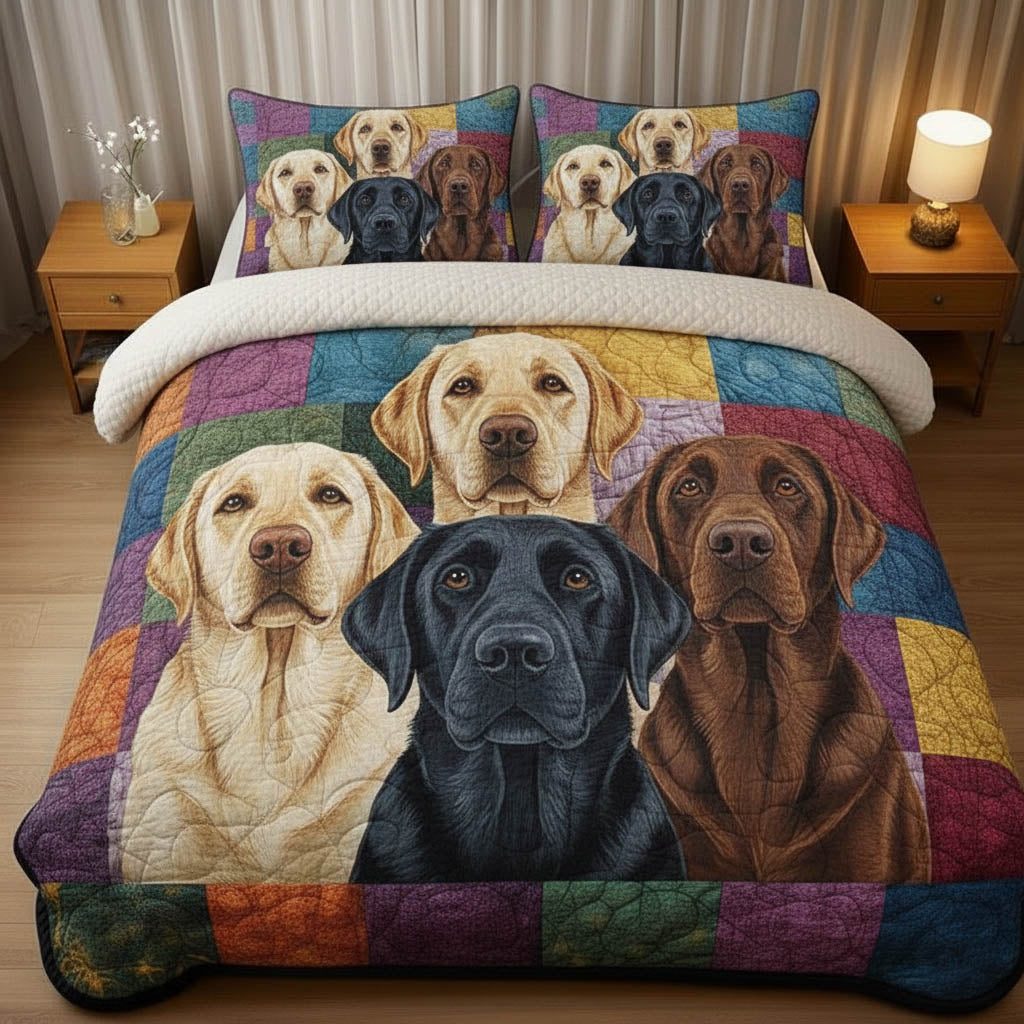 Labrador quilted 3-piece bedding set on a made bed with two matching pillow shams