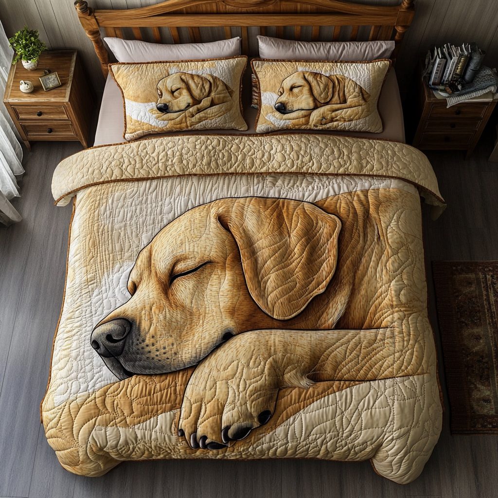 Labrador Sleep quilted 3-piece bedding set on a made bed with two matching pillow shams