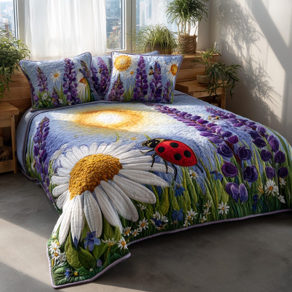 Ladybug Lavender quilted 3-piece bedding set on a made bed with two matching pillow shams