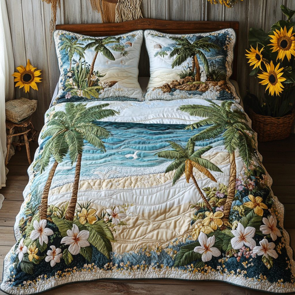 Lagoon Dream quilted 3-piece bedding set on a made bed in a light coastal bedroom