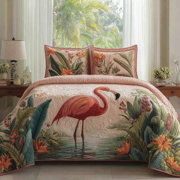 Lagoon Grace quilted 3-piece bedding set on a made bed in a light coastal bedroom