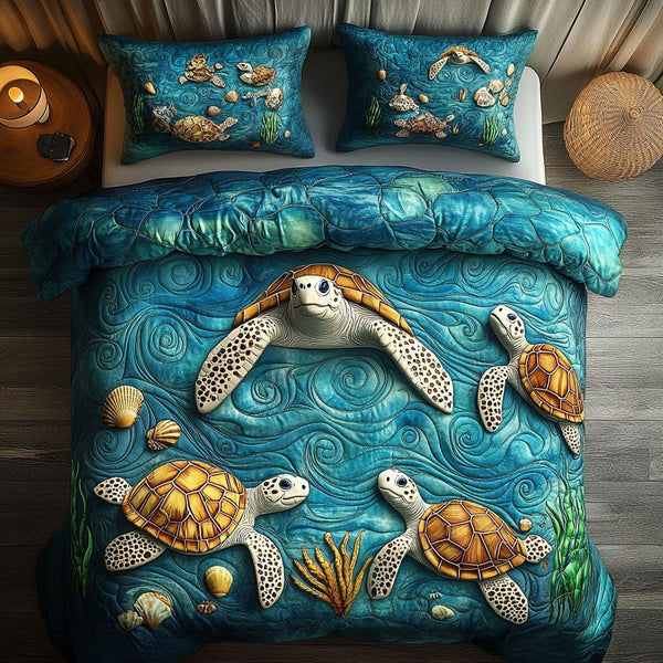Lagoon Turtle Tides quilted 3-piece bedding set on a made bed in a light coastal bedroom