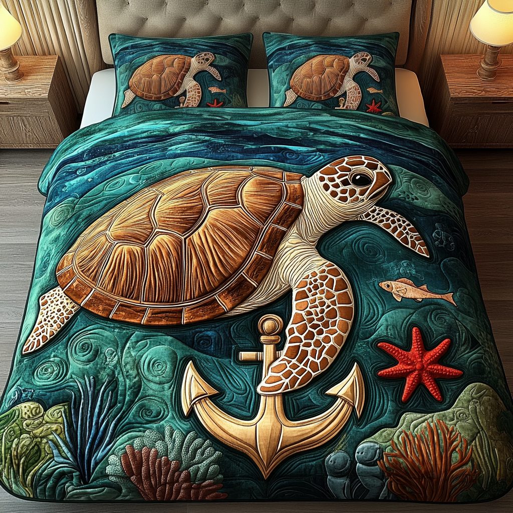 Lagoon Whisper quilted 3-piece bedding set on a made bed in a light coastal bedroom