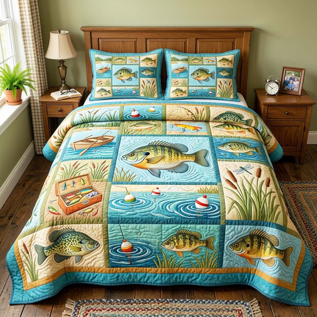 Lake Bass quilted 3-piece bedding set on a made bed with two matching pillow shams