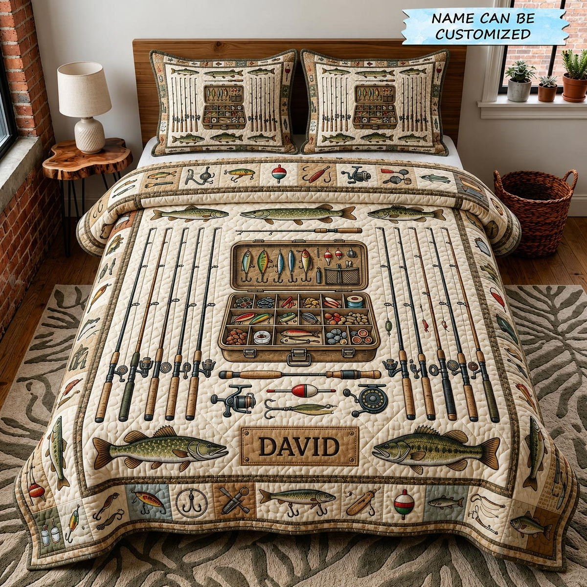Lake Escape 3-Piece Quilted Bedding Set QTCUZ quilted 3-piece bedding set on a made bed with two matching pillow shams