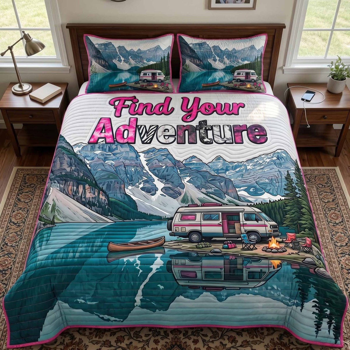Lake Escape quilted 3-piece bedding set on a made bed with two matching pillow shams