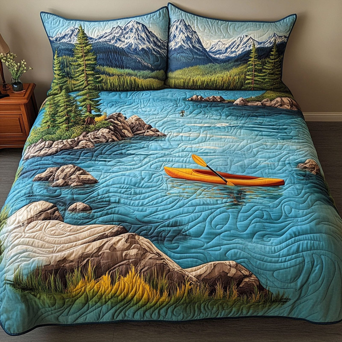 Lake Tahoe Adventure quilted 3-piece bedding set on a made bed in a winter-styled bedroom