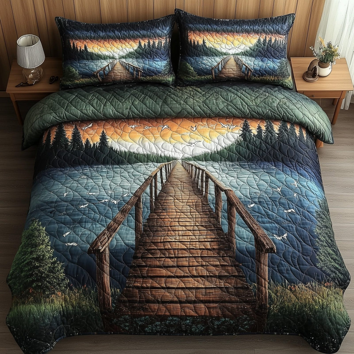 Lake Wooden Dock quilted 3-piece bedding set on a made bed with two matching pillow shams