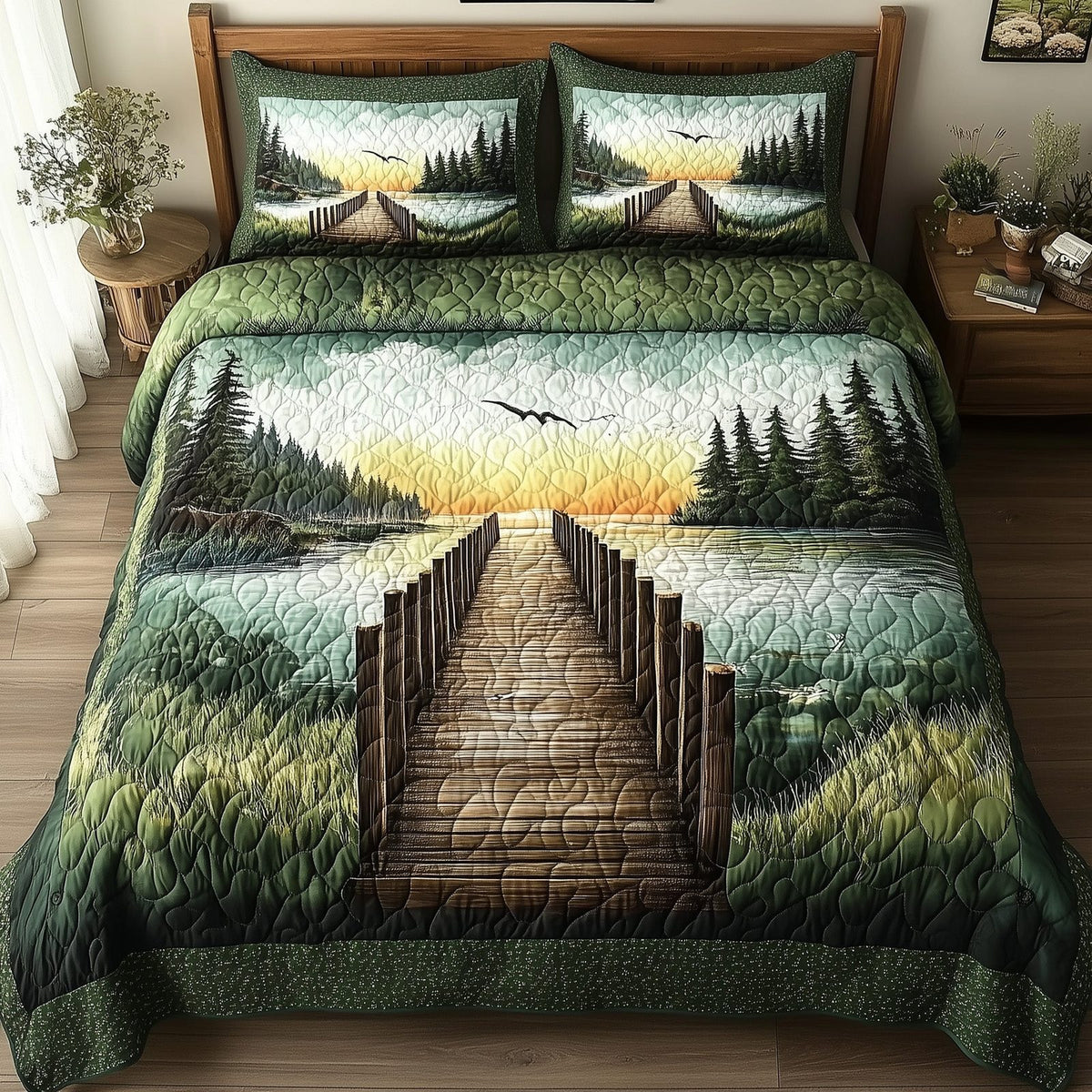 Lake Wooden Dock quilted 3-piece bedding set on a made bed with two matching pillow shams