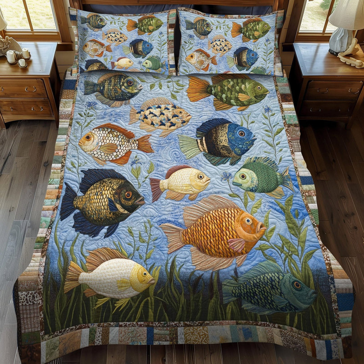 Lakeshore Delight quilted 3-piece bedding set on a made bed in a light coastal bedroom