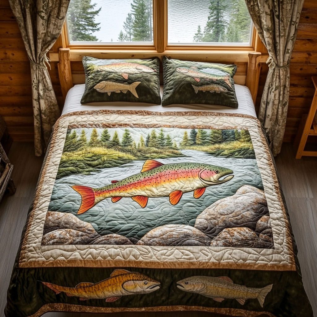 Lakeside Adventure quilted 3-piece bedding set on a made bed in a winter-styled bedroom